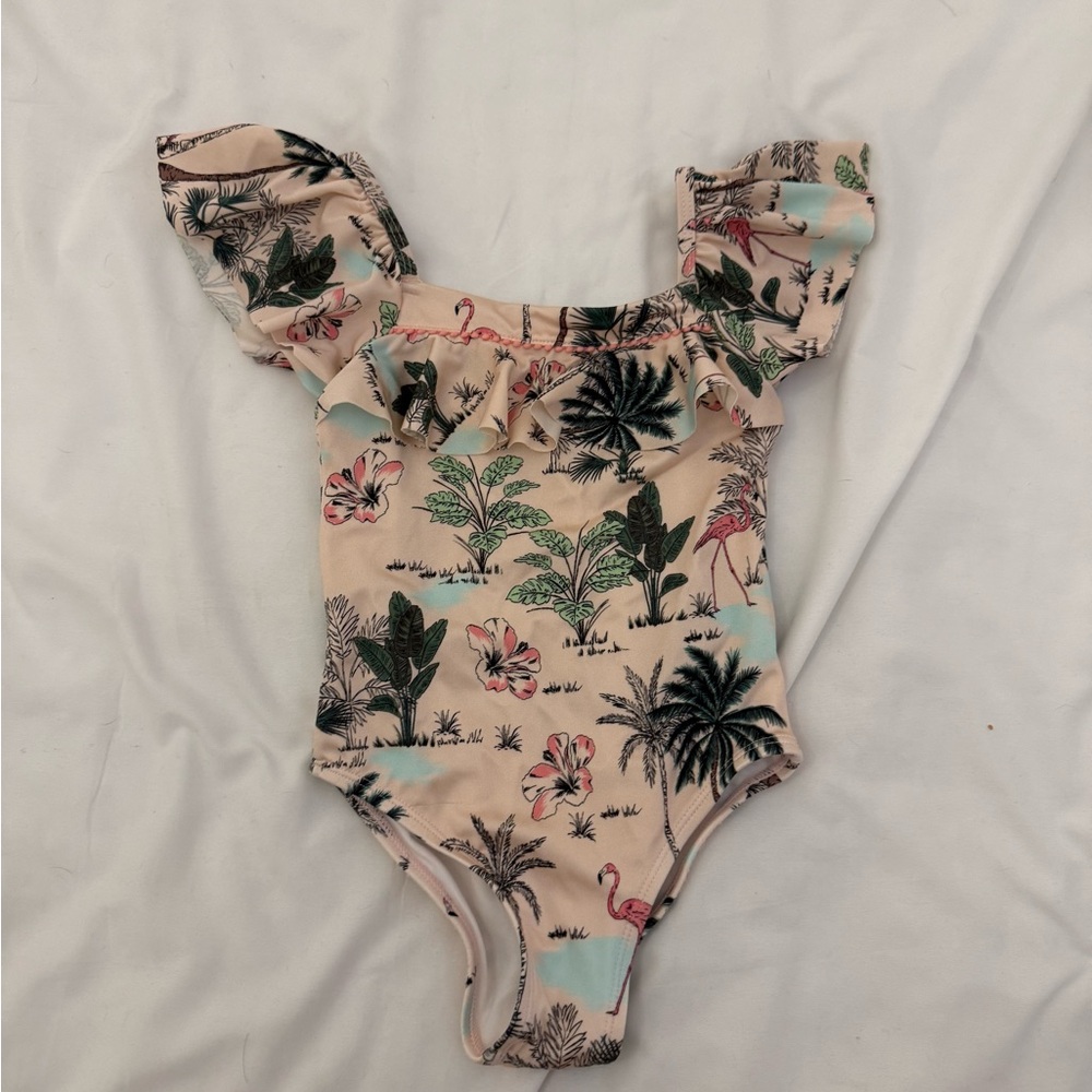 Janie and Jack Pink and Green One Piece Swim with Ruffles